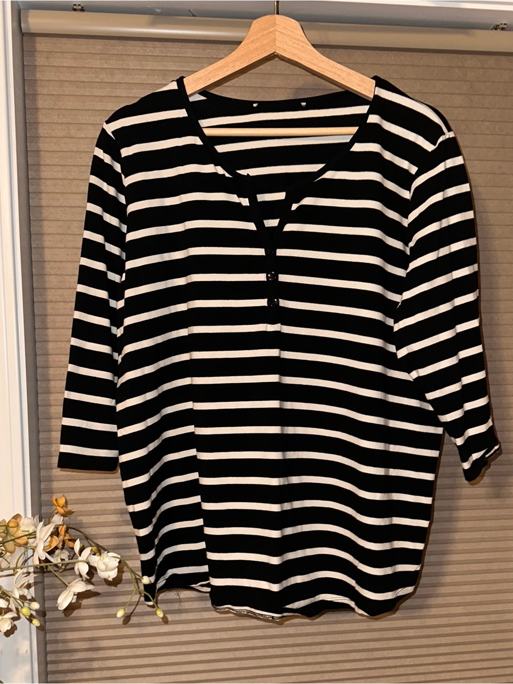 Black and White Striped Long Sleeve Henley Top